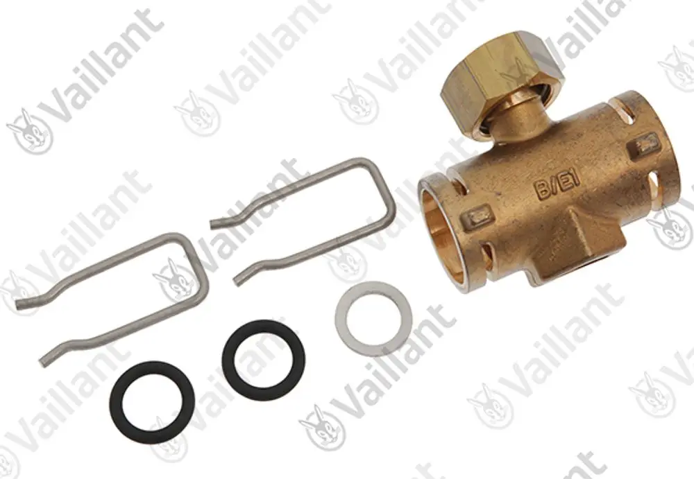 Vaillant Adapter mit einem zylindrischen Gehäuse, mehreren Dichtungen und Halteklammern. Enthält metallische und gummierte Komponenten zur Verbindung im Heizsystem.